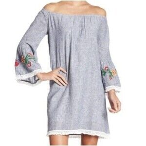 Beachlunchlounge Boho Linen Blend Mini Dress Blue Stripe Floral Embroidery Sz M